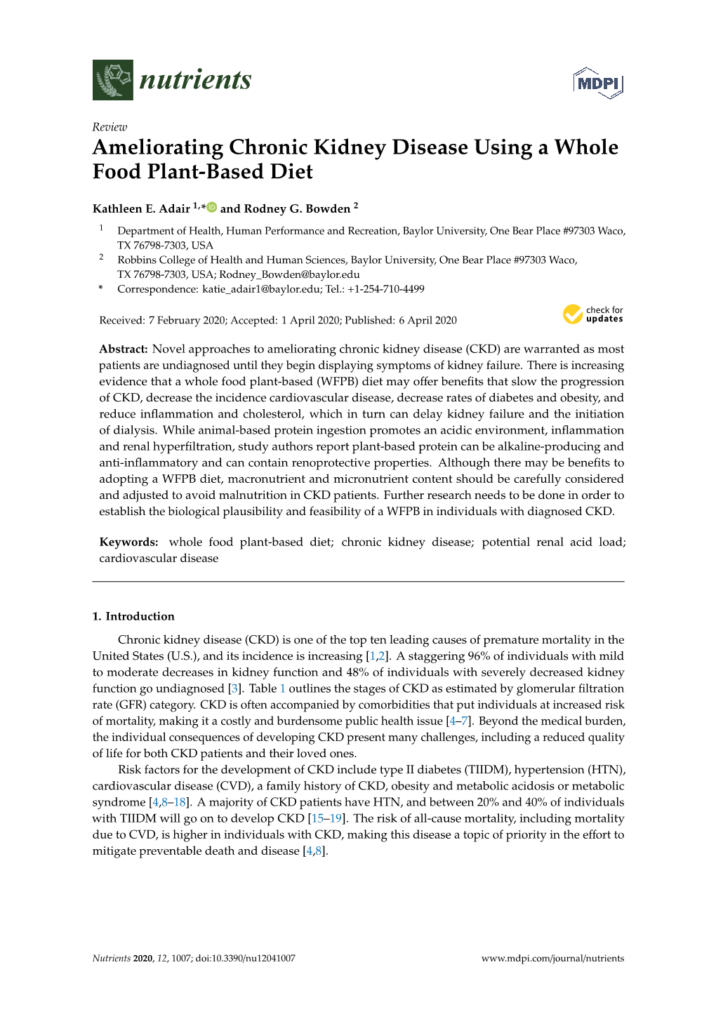 Ameliorating Chronic Kidney Disease Using a Whole Food Plant-Based Diet