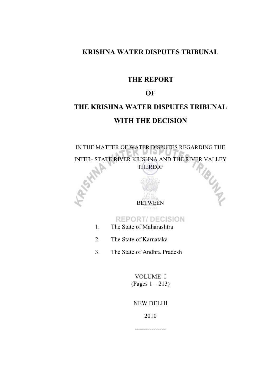 The Report of the Krishna Water Disputes Tribunal-II