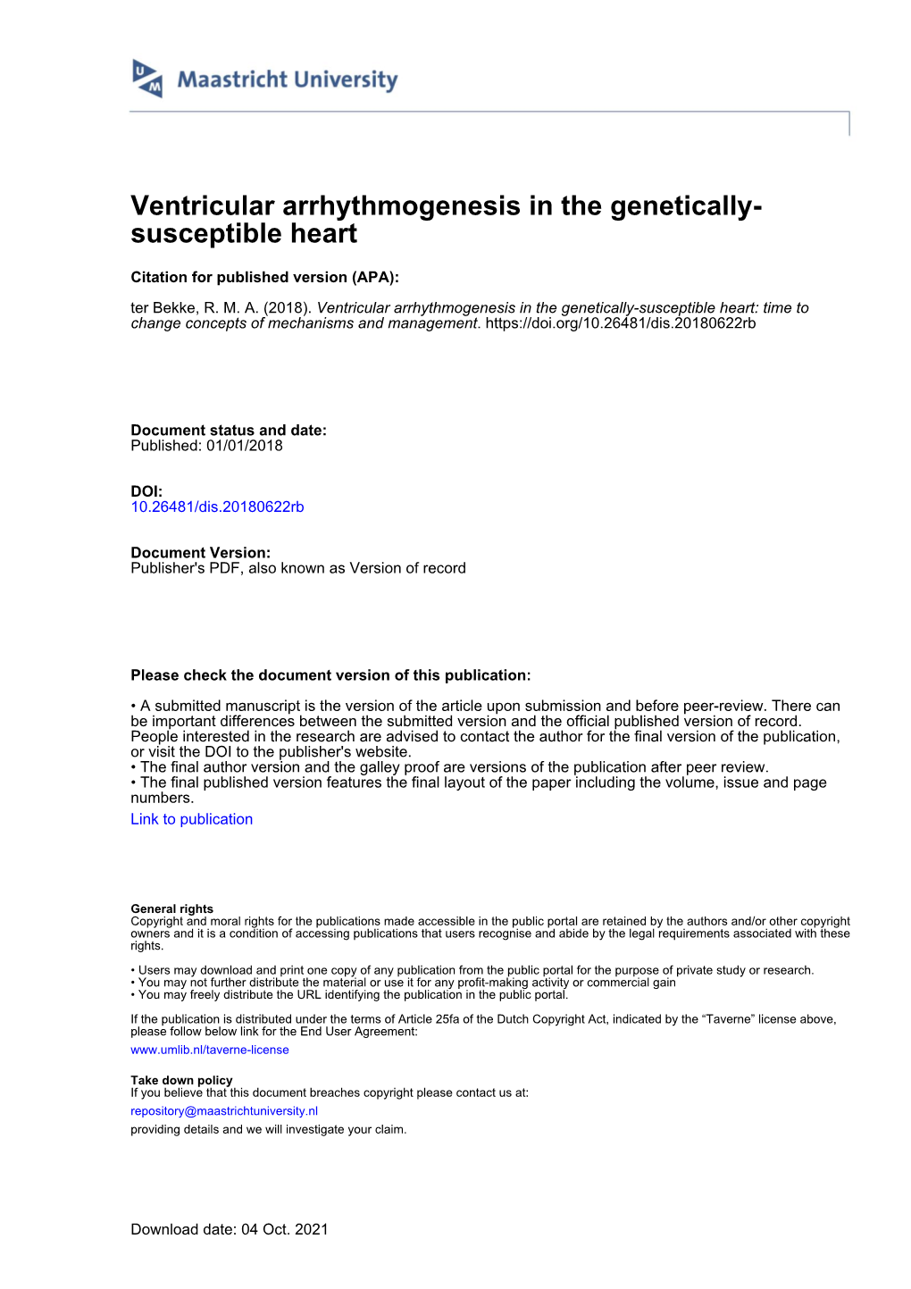 Ventricular Arrhythmogenesis in the Genetically- Susceptible Heart