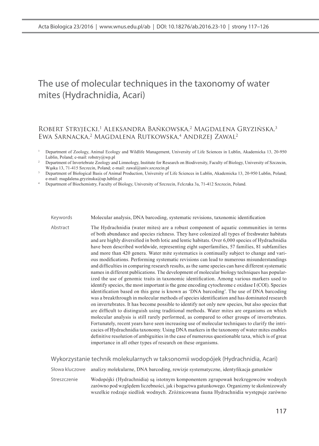 The Use of Molecular Techniques in the Taxonomy of Water Mites (Hydrachnidia, Acari)