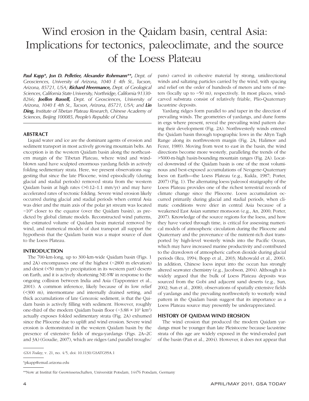 Wind Erosion in the Qaidam Basin, Central Asia: Implications for Tectonics, Paleoclimate, and the Source of the Loess Plateau