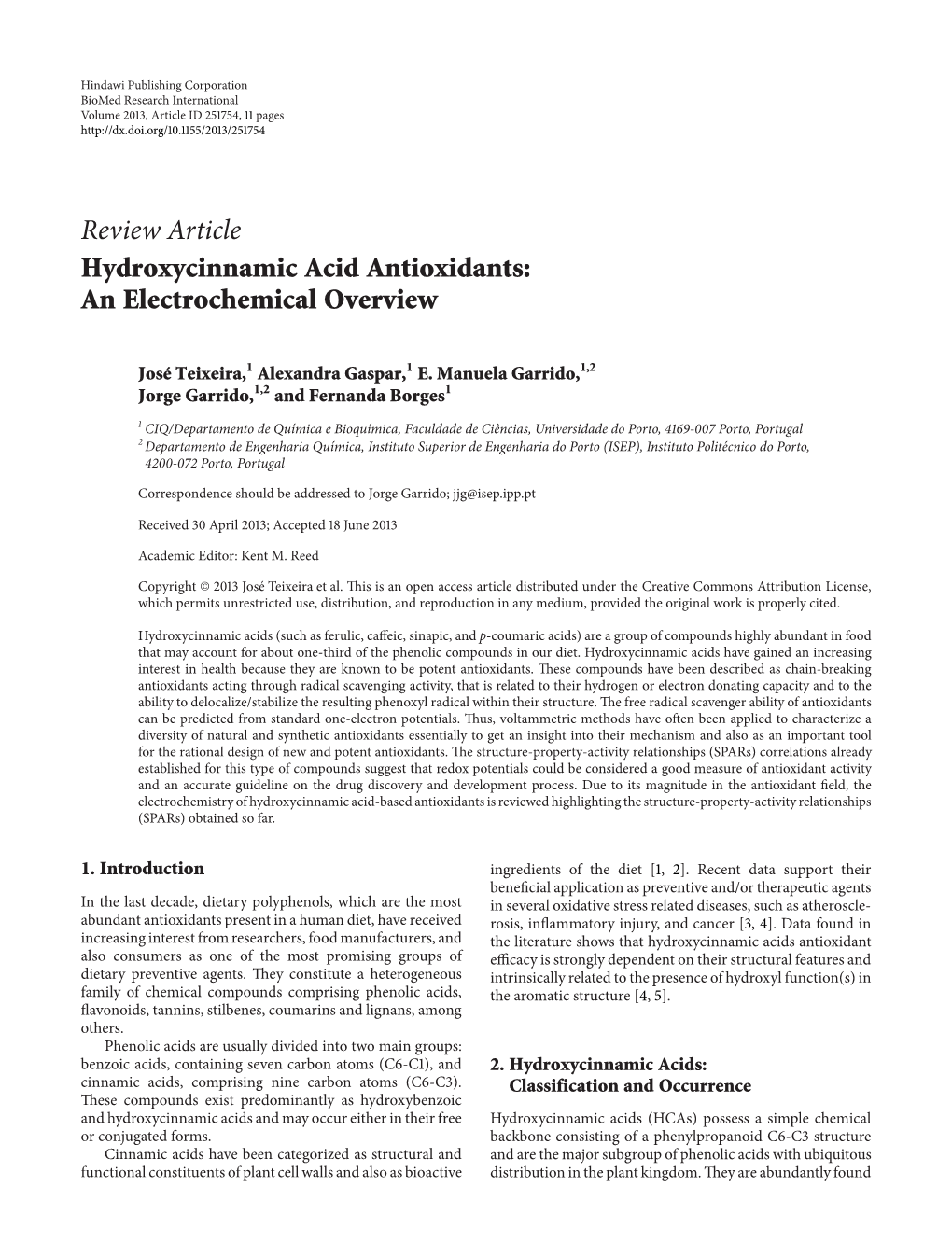 Review Article Hydroxycinnamic Acid Antioxidants: an Electrochemical Overview