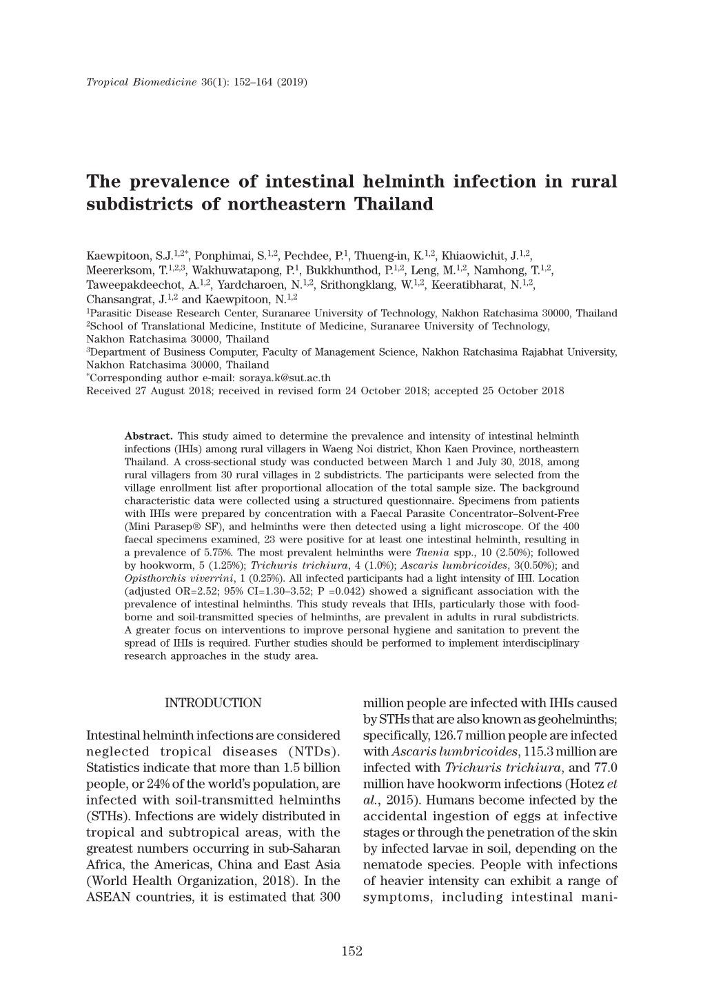The Prevalence of Intestinal Helminth Infection in Rural Subdistricts of Northeastern Thailand