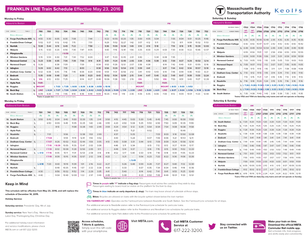 FRANKLIN LINE Schedule Effective May 23, 2016