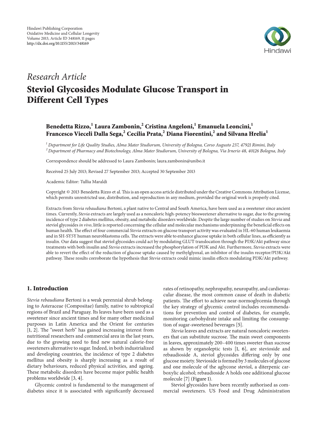 Research Article Steviol Glycosides Modulate Glucose Transport in Different Cell Types
