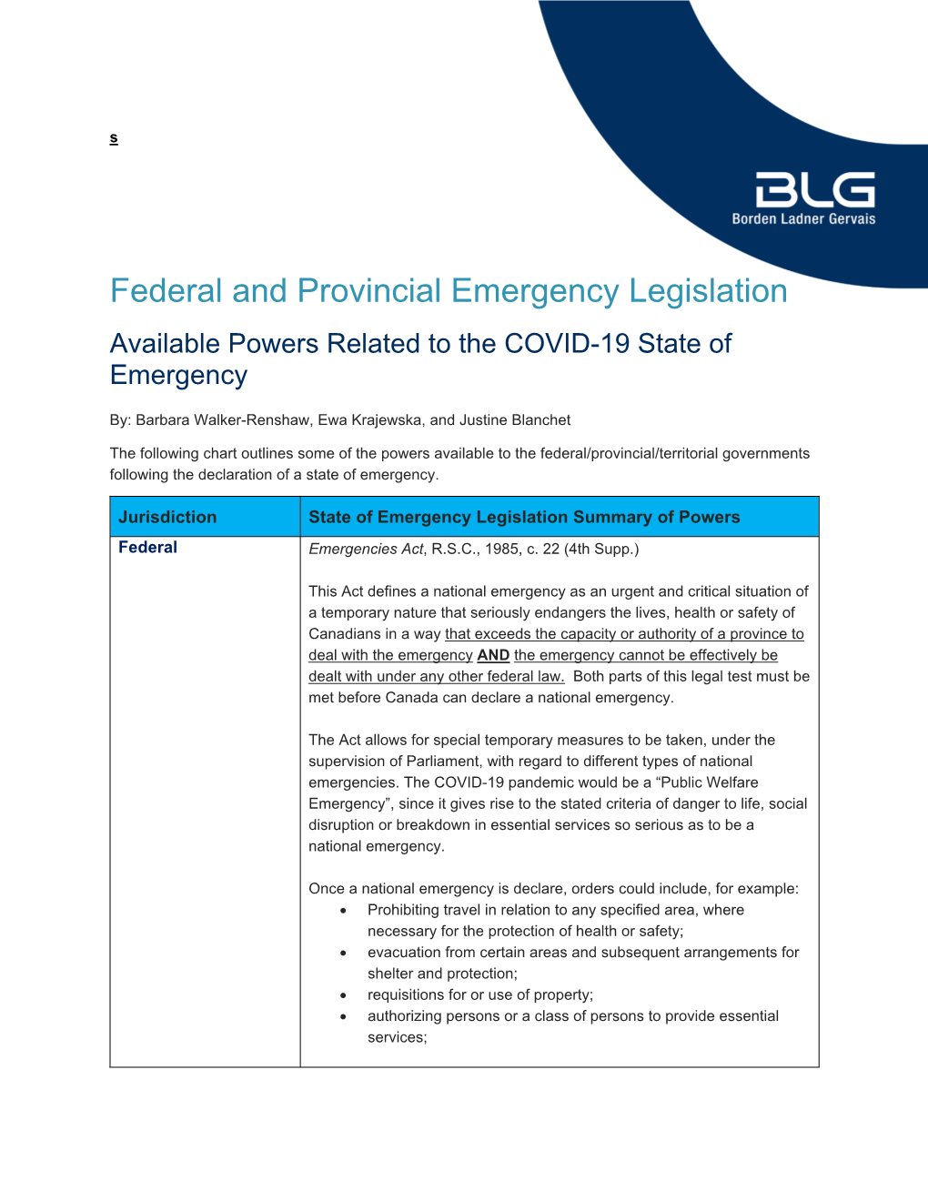 Federal and Provincial Emergency Legislation Available Powers Related to the COVID-19 State of Emergency