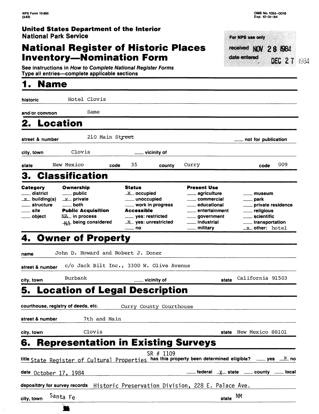National Register of Historic Inventory—Nomination Form 1. Name 2