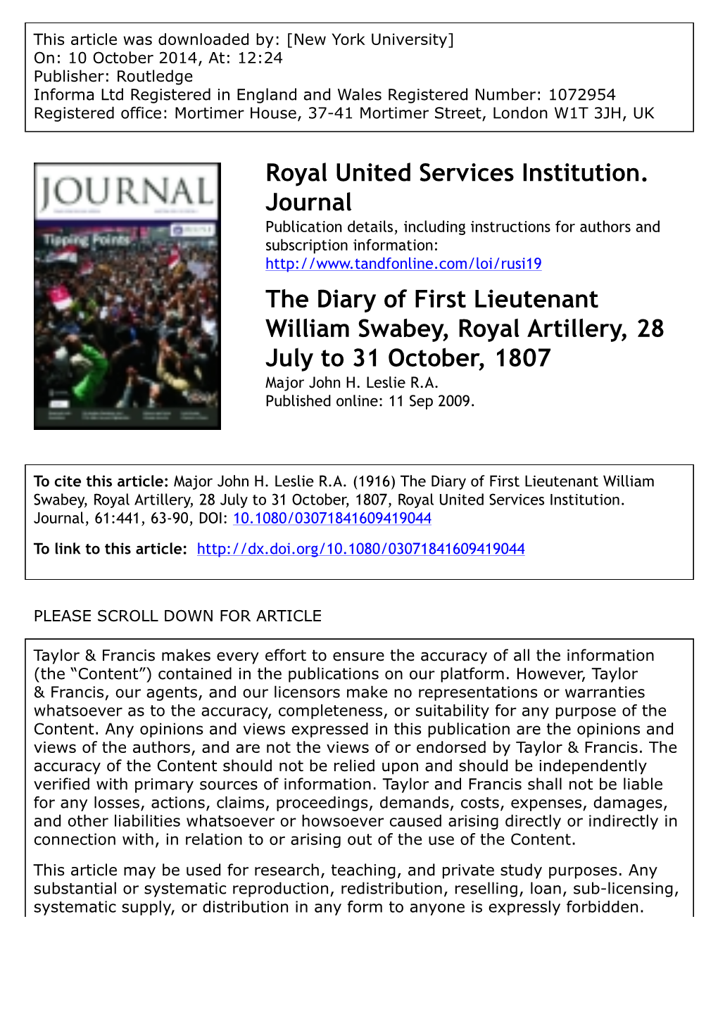 Royal United Services Institution. Journal the Diary of First