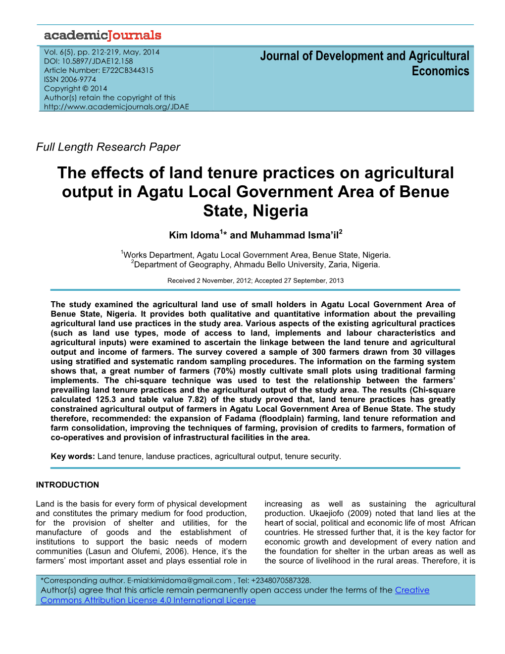 The Effects of Land Tenure Practices on Agricultural Output in Agatu Local Government Area of Benue State, Nigeria