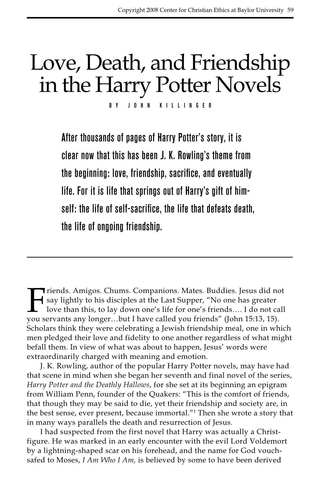 Love, Death, and Friendship in the Harry Potter Novels by John Killinger