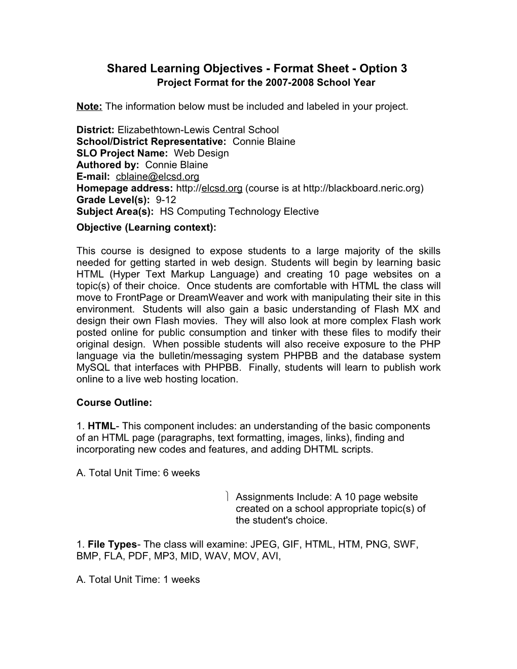 Shared Learning Objectives - Format Sheet - Option 3