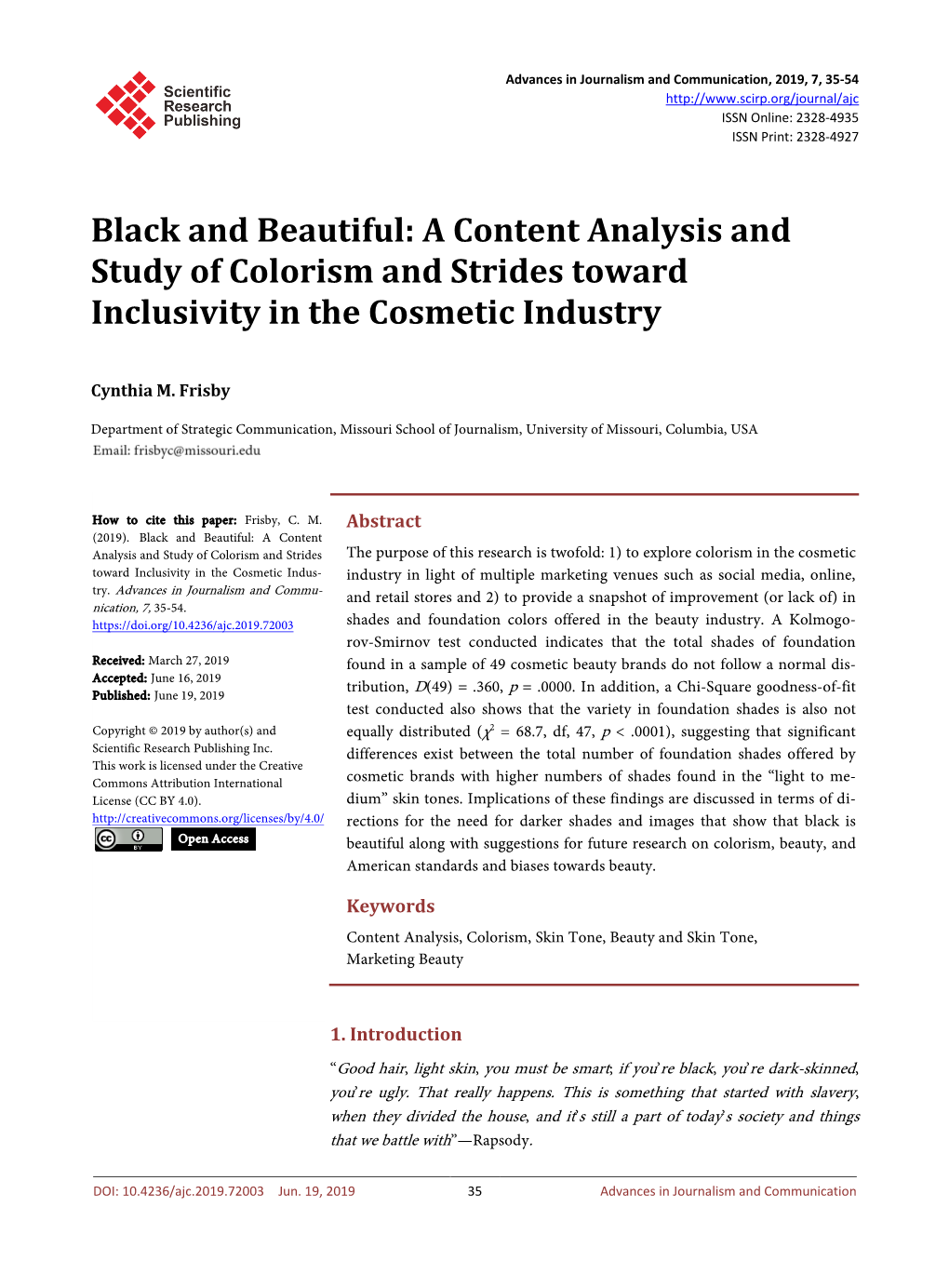 Black and Beautiful: a Content Analysis and Study of Colorism and Strides Toward Inclusivity in the Cosmetic Industry