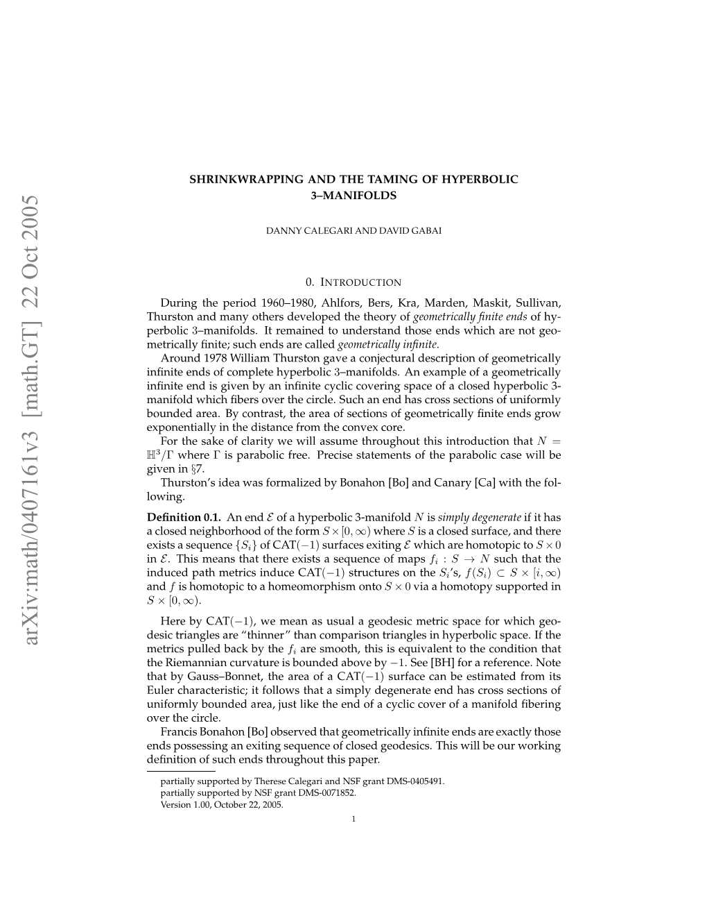 Arxiv:Math/0407161V3 [Math.GT] 22 Oct 2005