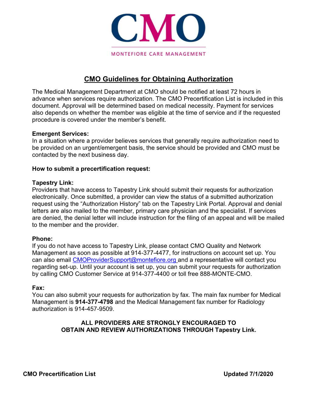 CMO Guidelines for Obtaining Authorization