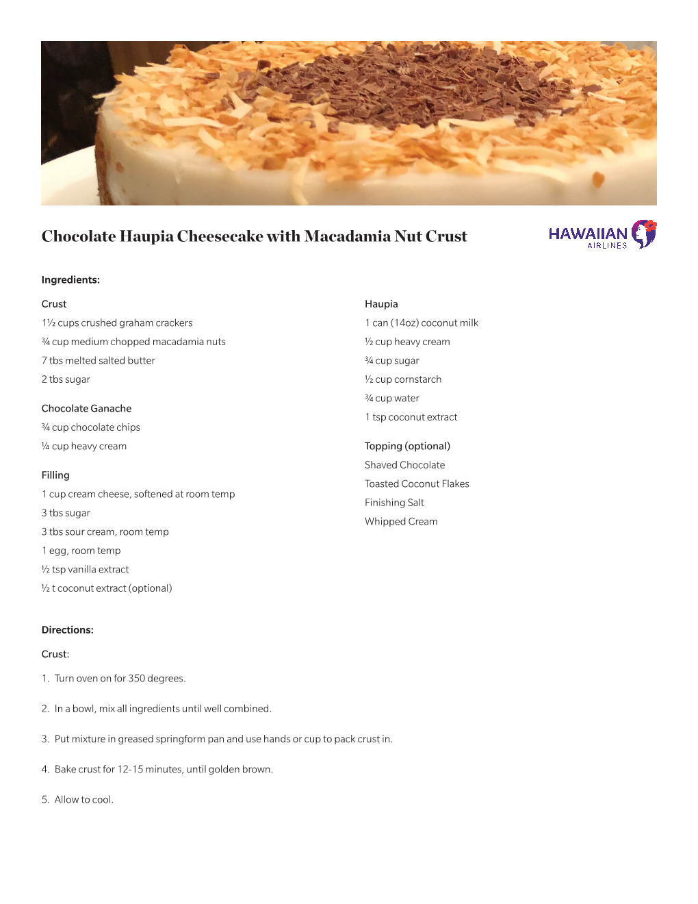 Chocolate Haupia Cheesecake with Macadamia Nut Crust