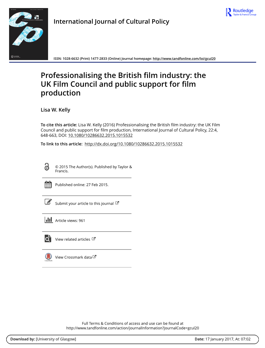 The UK Film Council and Public Support for Film Production