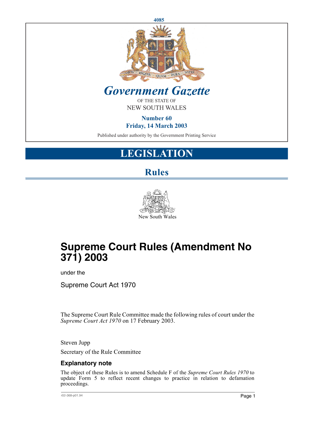 Government Gazette of the STATE of NEW SOUTH WALES Number 60 Friday, 14 March 2003 Published Under Authority by the Government Printing Service