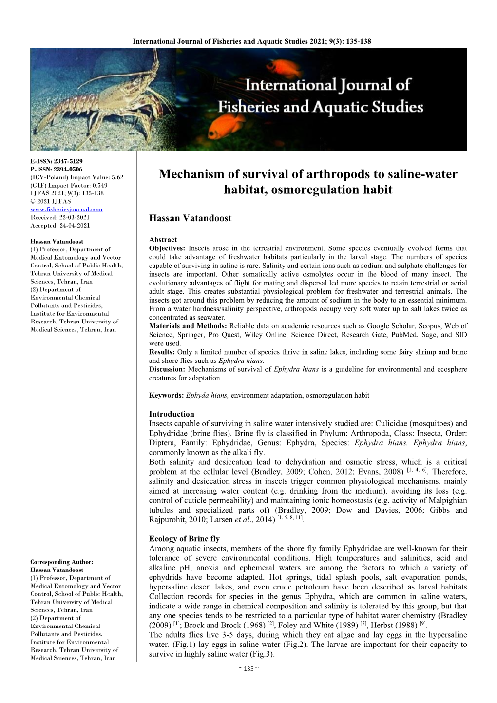 Mechanism of Survival of Arthropods to Saline-Water Habitat