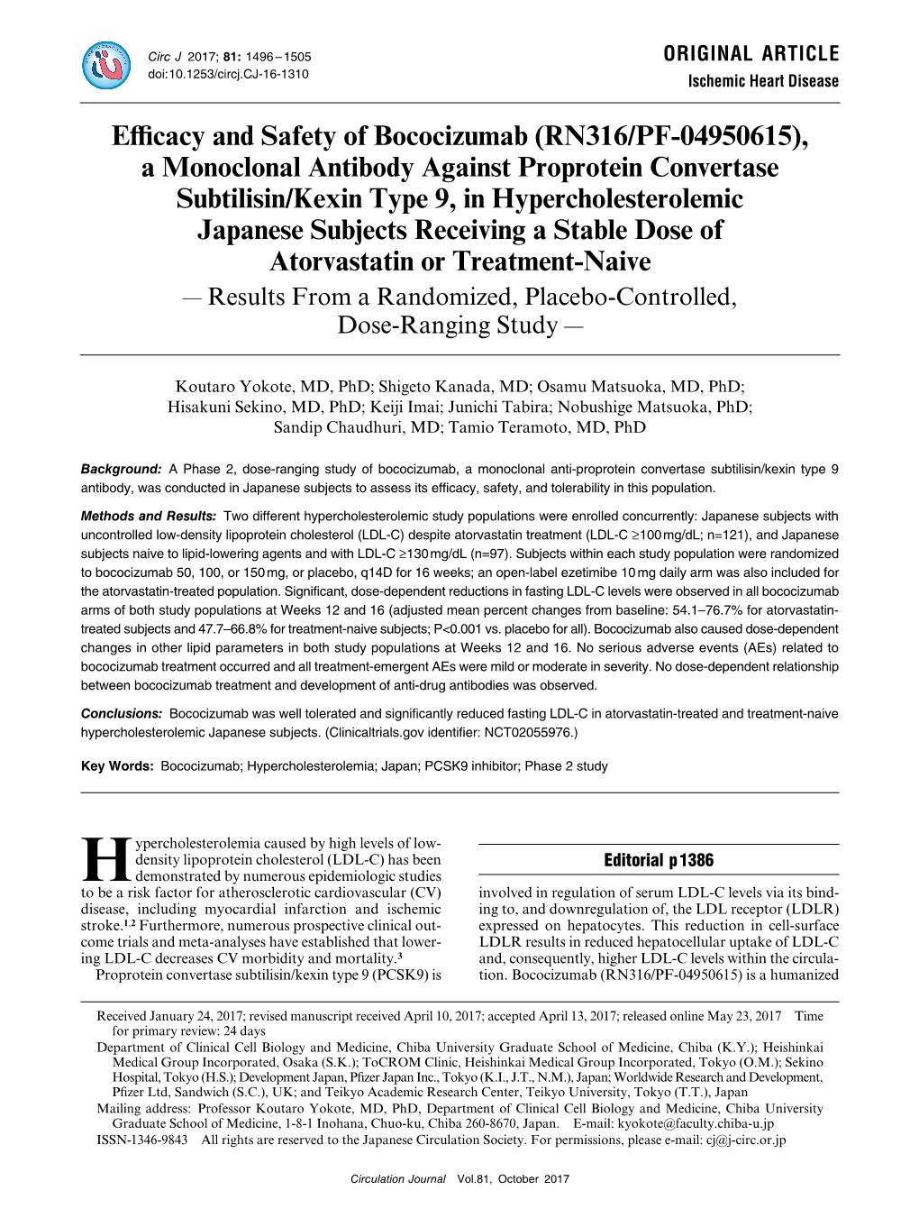 Efficacy and Safety of Bococizumab (RN316/PF-04950615)