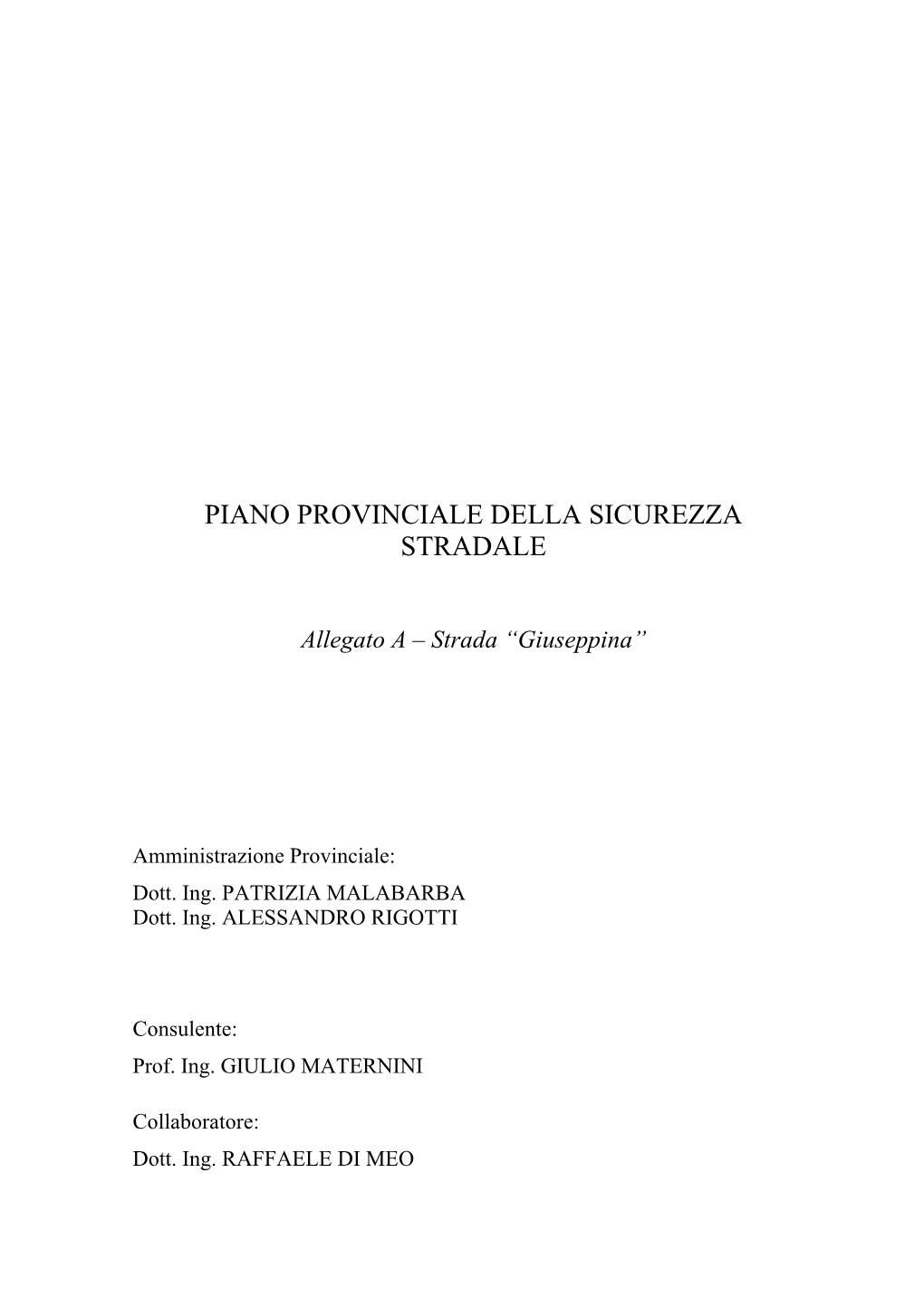 Piano Provinciale Della Sicurezza Stradale