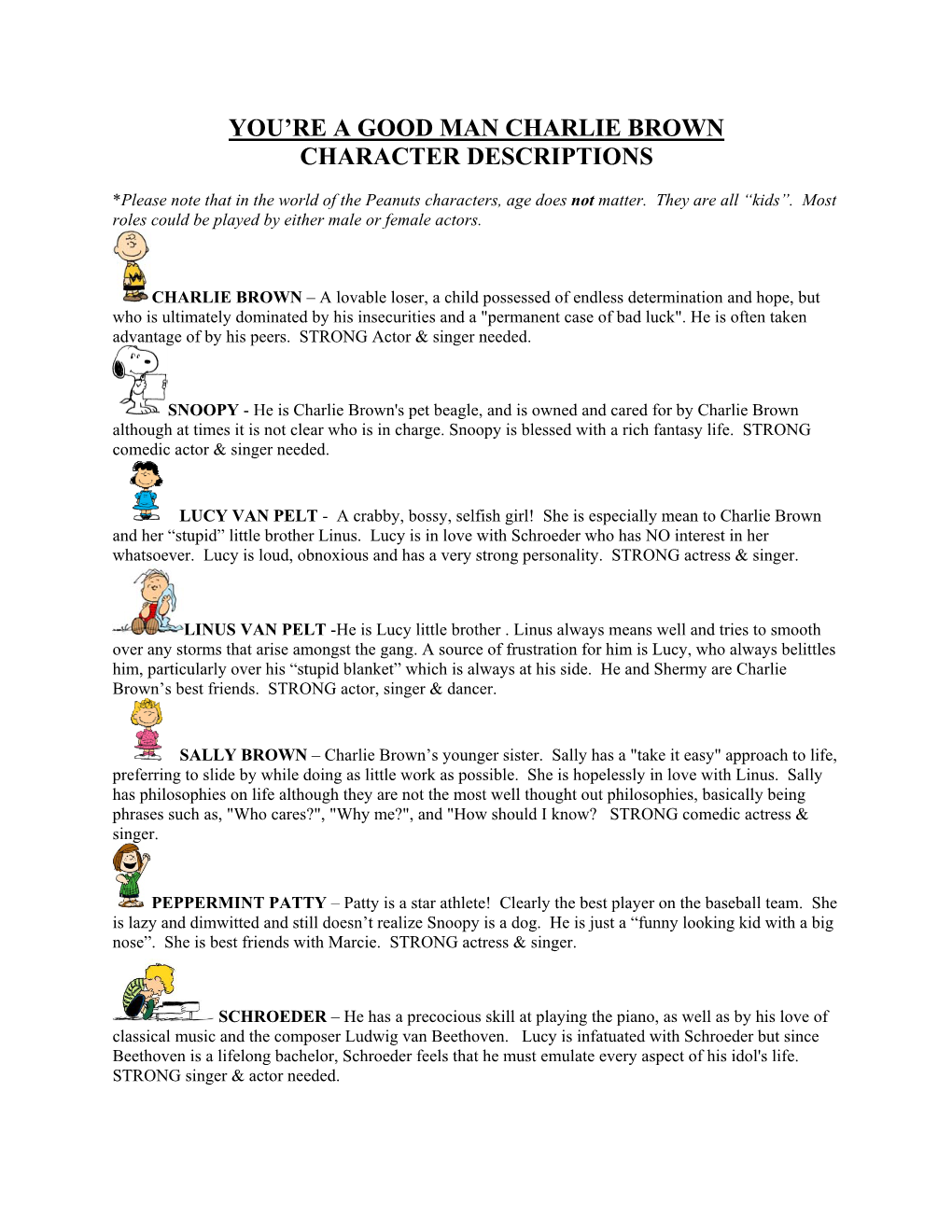 You're a Good Man Charlie Brown Character Descriptions