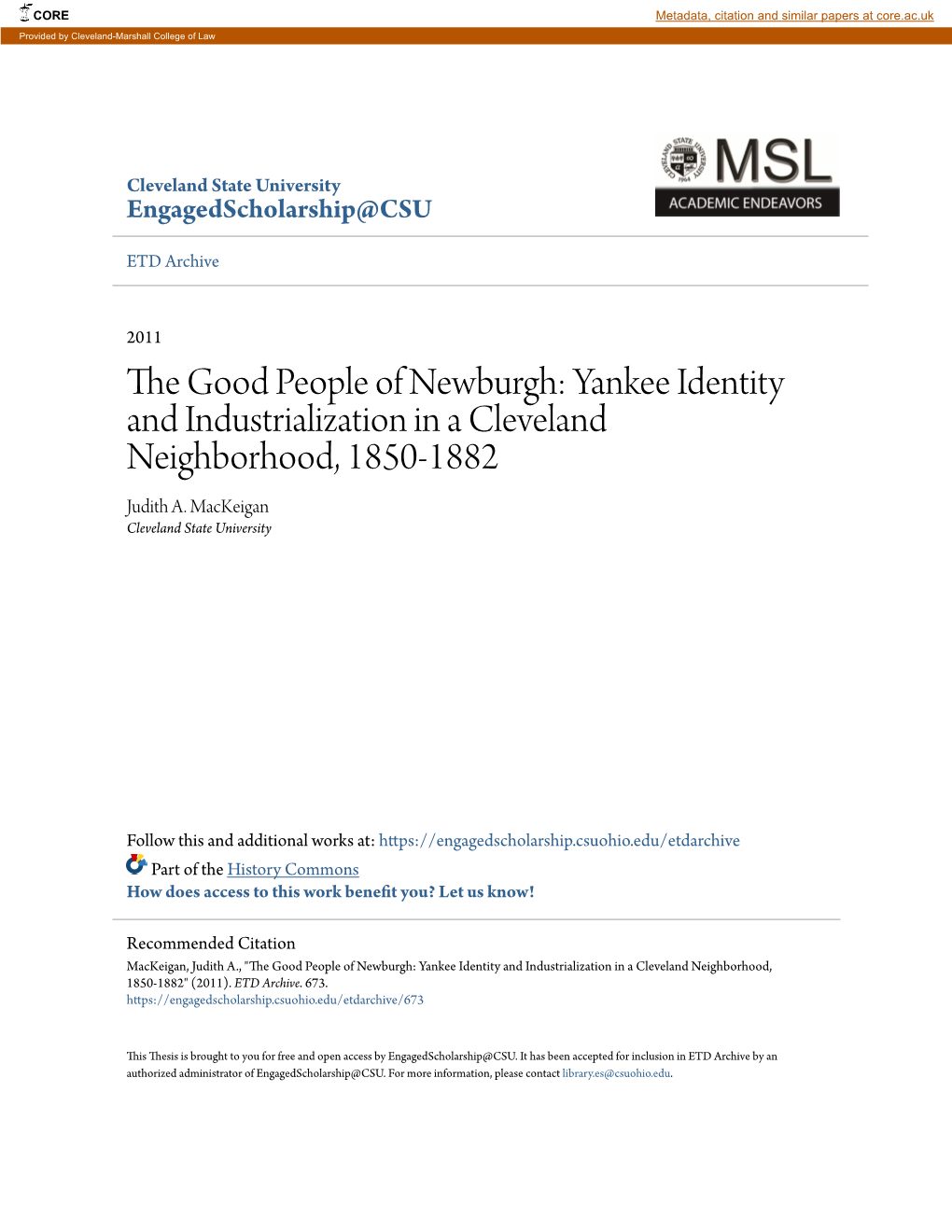 The Good People of Newburgh: Yankee Identity and Industrialization in a Cleveland Neighborhood, 1850-1882 Judith A