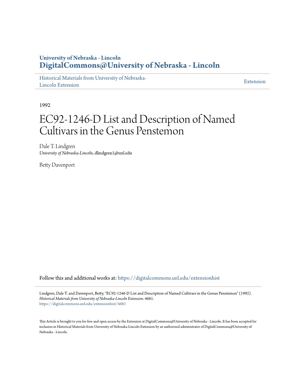 EC92-1246-D List and Description of Named Cultivars in the Genus Penstemon Dale T
