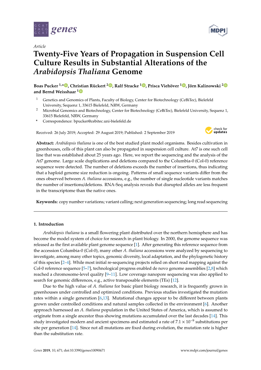 Twenty-Five Years of Propagation in Suspension Cell Culture Results in Substantial Alterations of the Arabidopsis Thaliana Genome