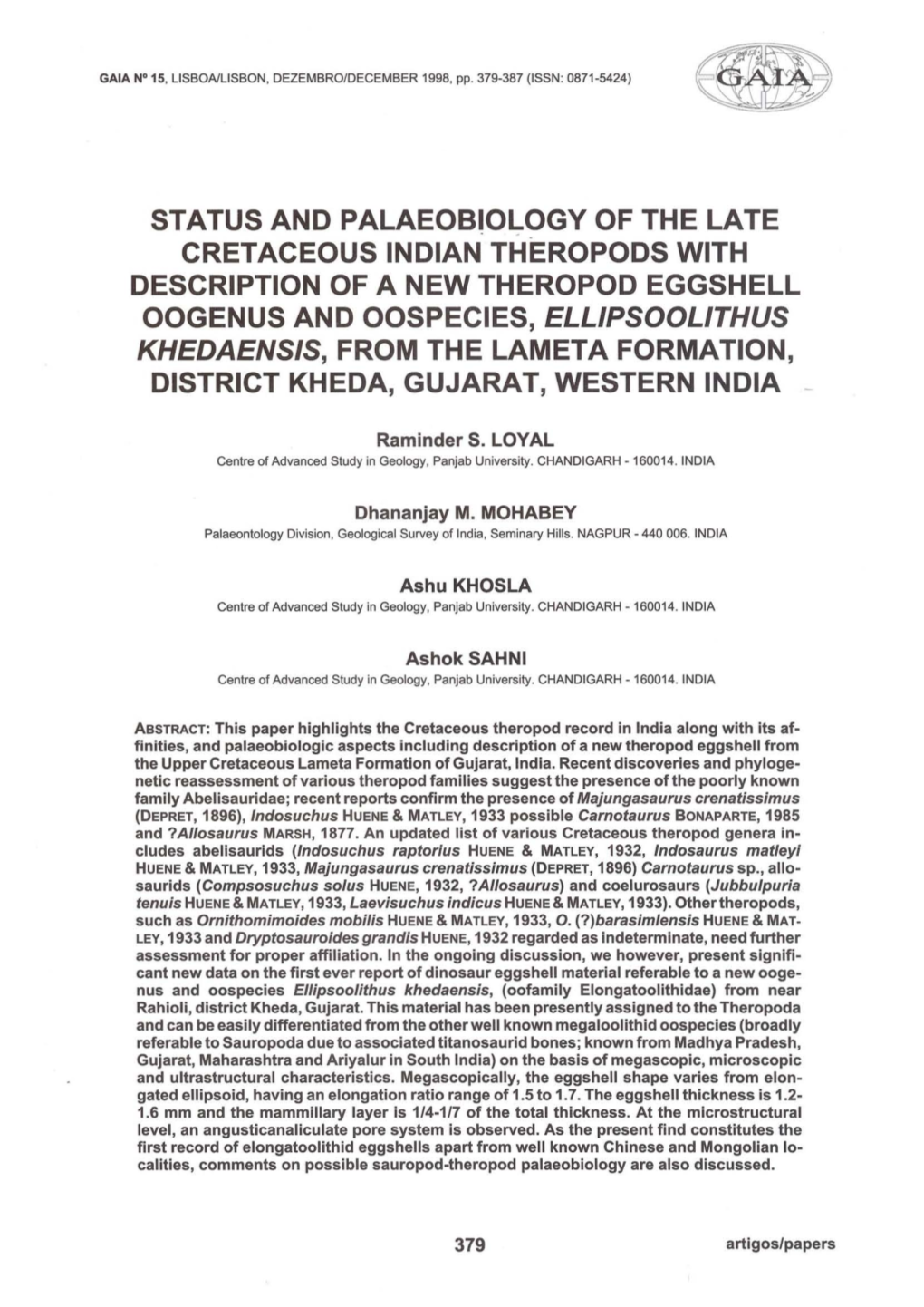 Status and Palaeobiology of the Late Cretaceous Indian Theropods with Description of a New Theropod Eggshell Oogenus and Oospeci