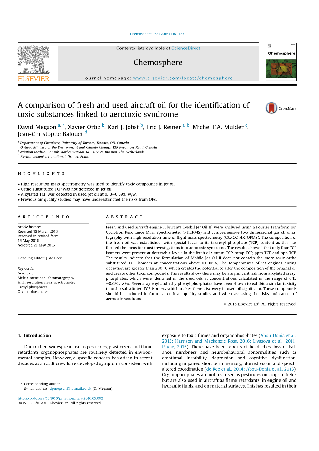 A Comparison of Fresh and Used Aircraft Oil for the Identification of Toxic Substances Linked to Aerotoxic Syndrome Chemosphere