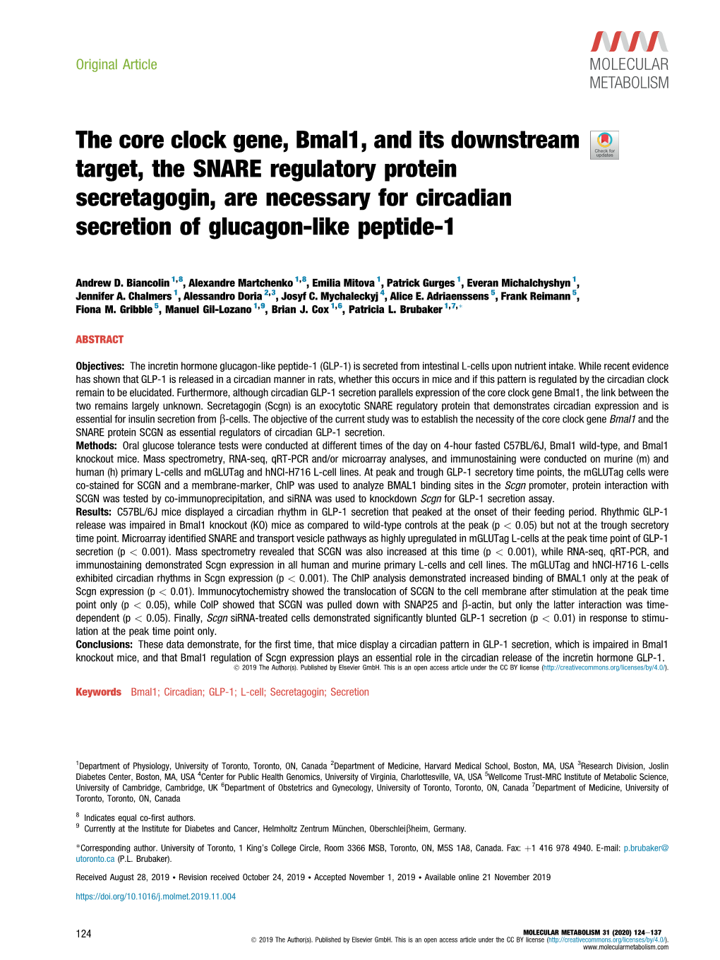 The Core Clock Gene, Bmal1, and Its Downstream Target, the SNARE Regulatory Protein Secretagogin, Are Necessary for Circadian Secretion of Glucagon-Like Peptide-1