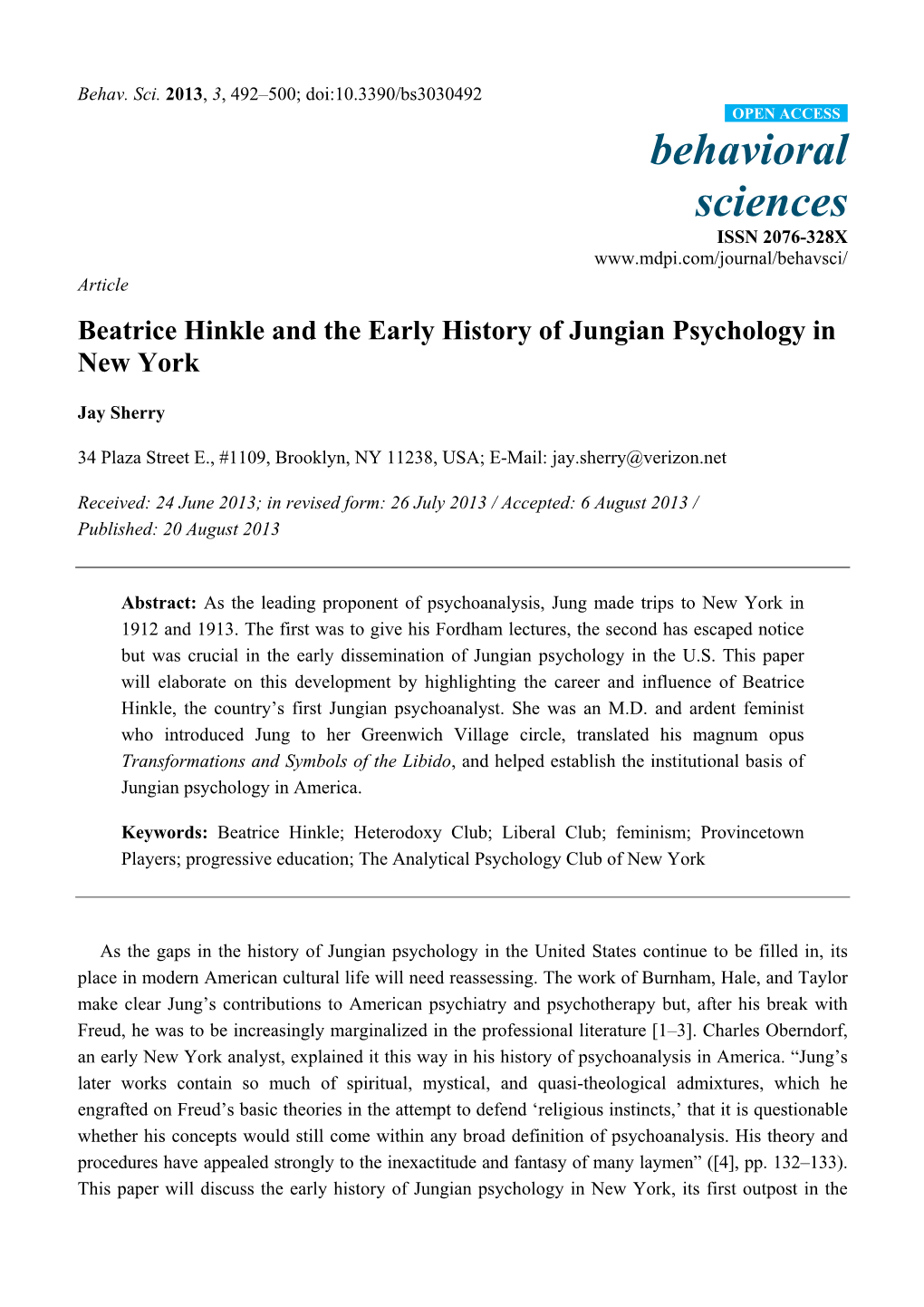 Beatrice Hinkle and the Early History of Jungian Psychology in New York