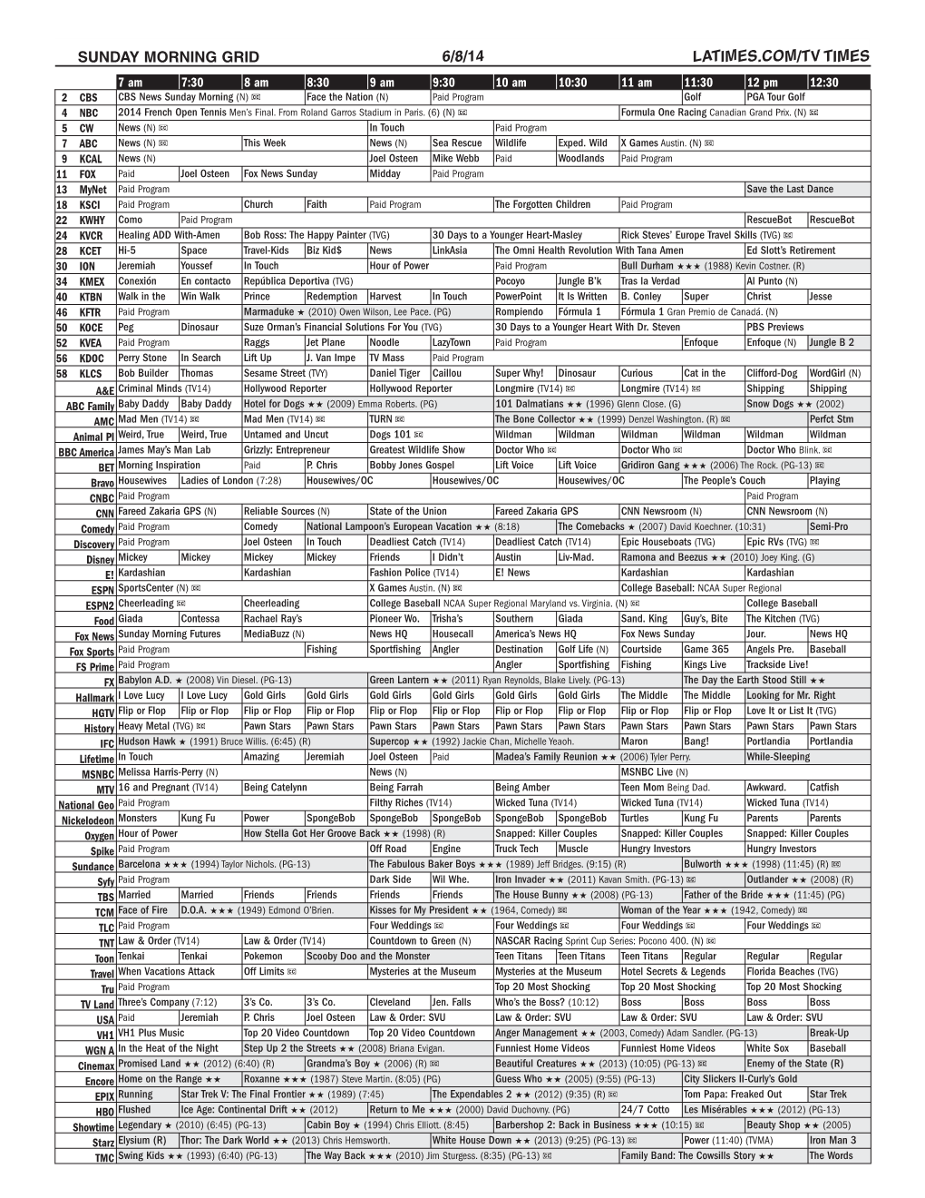 Sunday Morning Grid 6/8/14 Latimes.Com/Tv Times