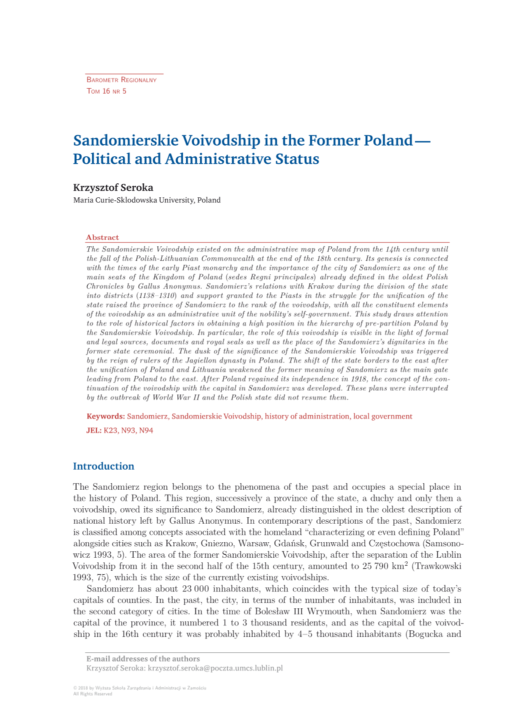 Sandomierskie Voivodship in the Former Poland — Political and Administrative Status
