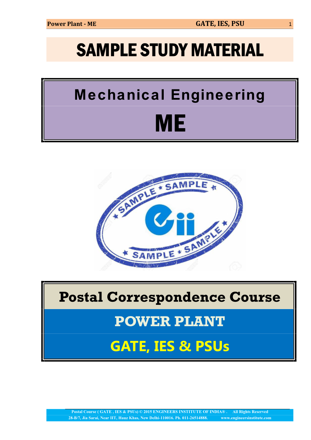 Power Plant - ME GATE, IES, PSU 1 SAMPLE STUDY MATERIAL