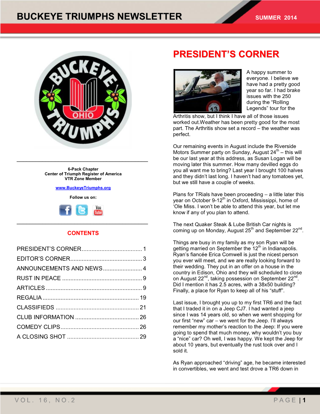 Buckeye Triumphs Newsletter President's Corner
