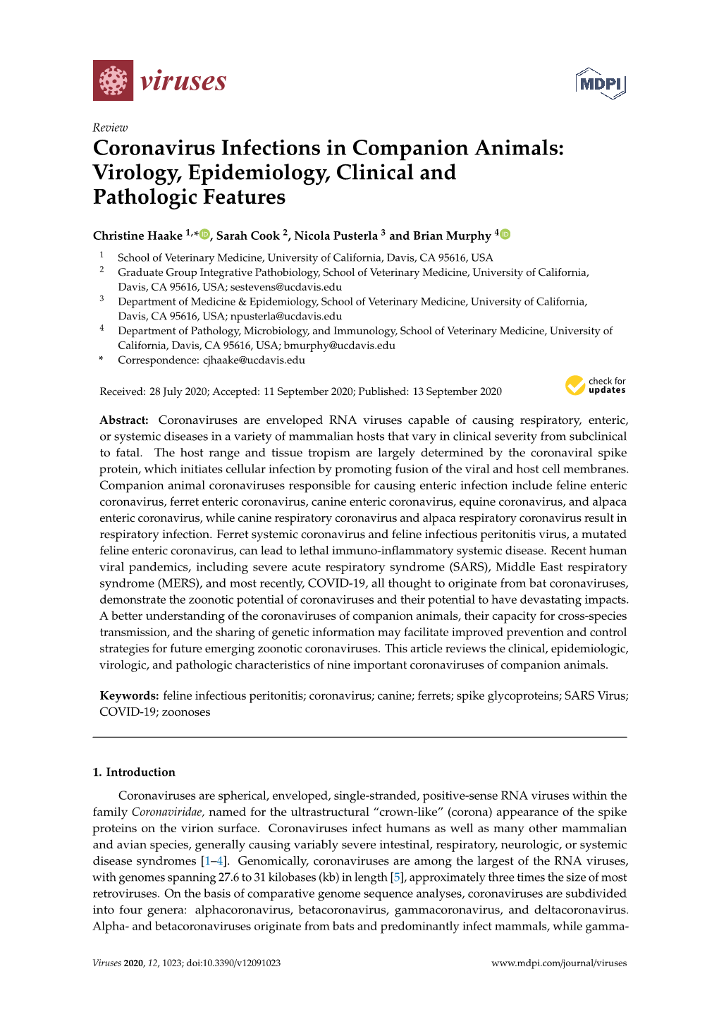 Coronavirus Infections in Companion Animals: Virology, Epidemiology, Clinical and Pathologic Features