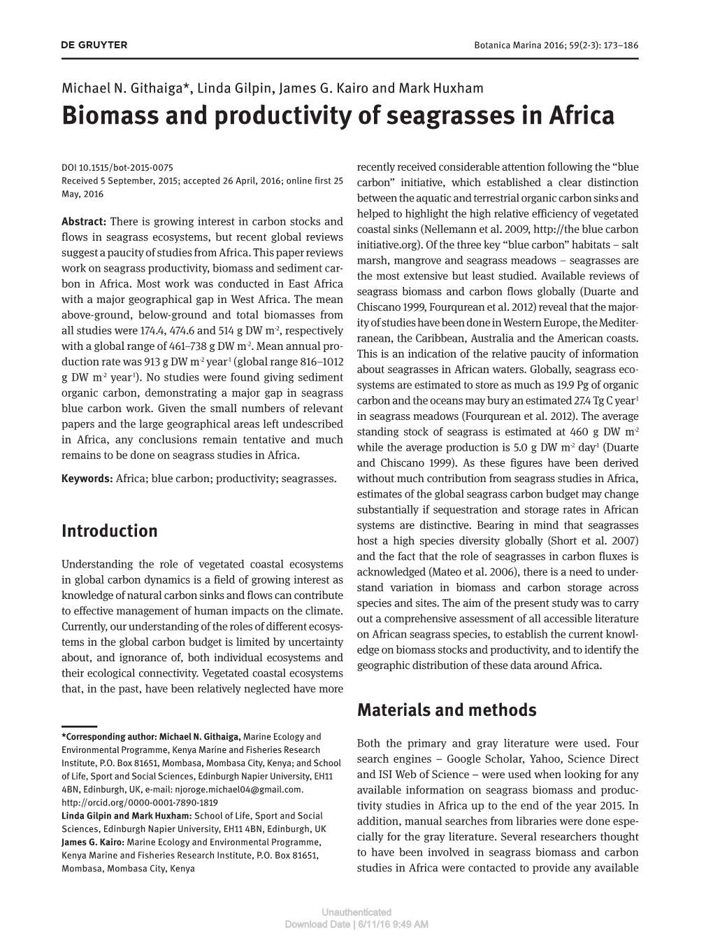 Biomass and Productivity of Seagrasses in Africa