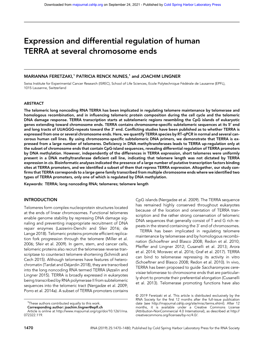 Expression and Differential Regulation of Human TERRA at Several Chromosome Ends