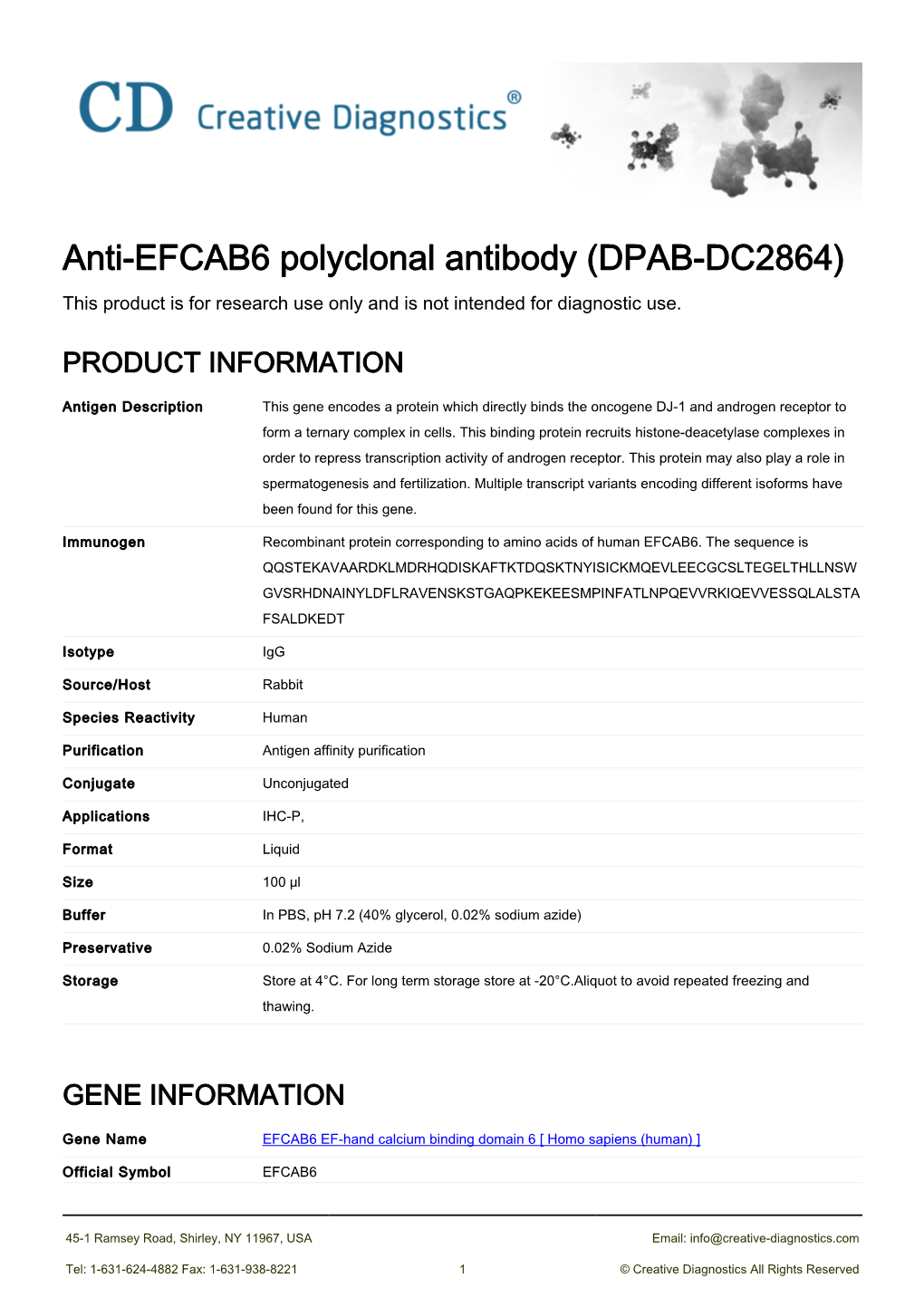 Anti-EFCAB6 Polyclonal Antibody (DPAB-DC2864) This Product Is for Research Use Only and Is Not Intended for Diagnostic Use