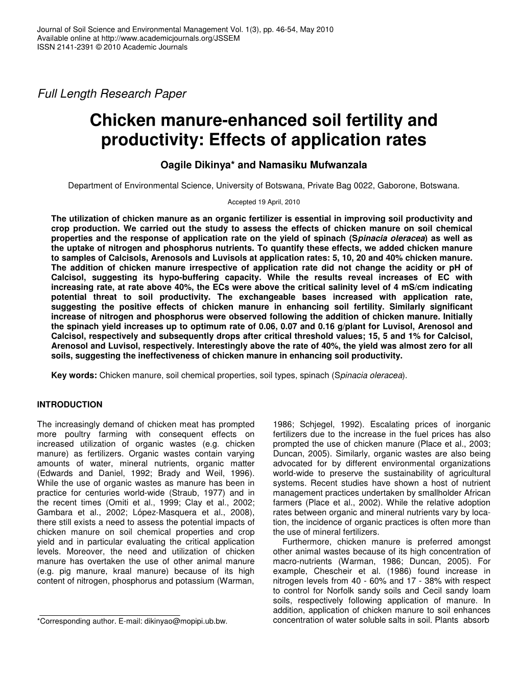 Chicken Manure-Enhanced Soil Fertility and Productivity: Effects of Application Rates