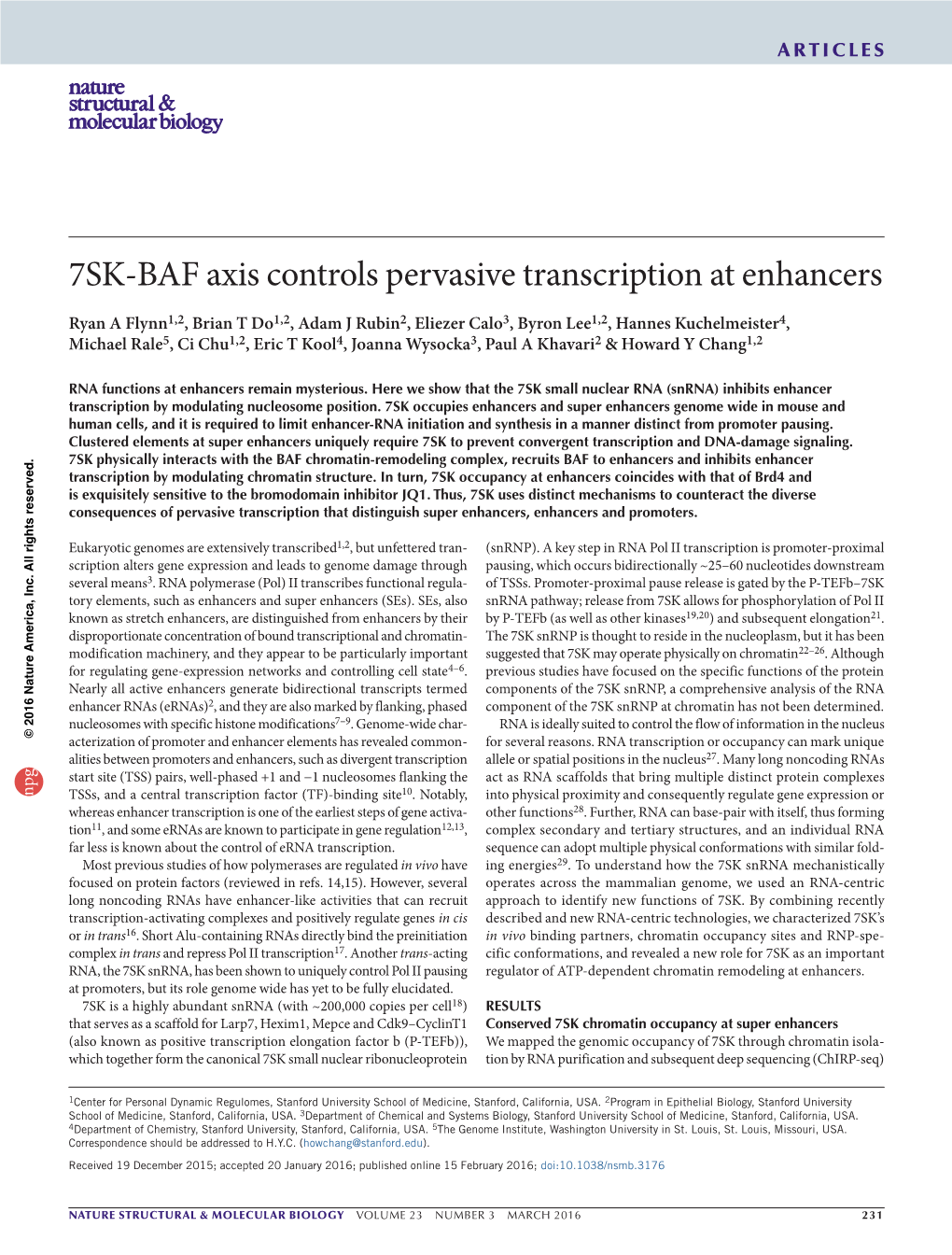 7SK-BAF Axis Controls Pervasive Transcription at Enhancers