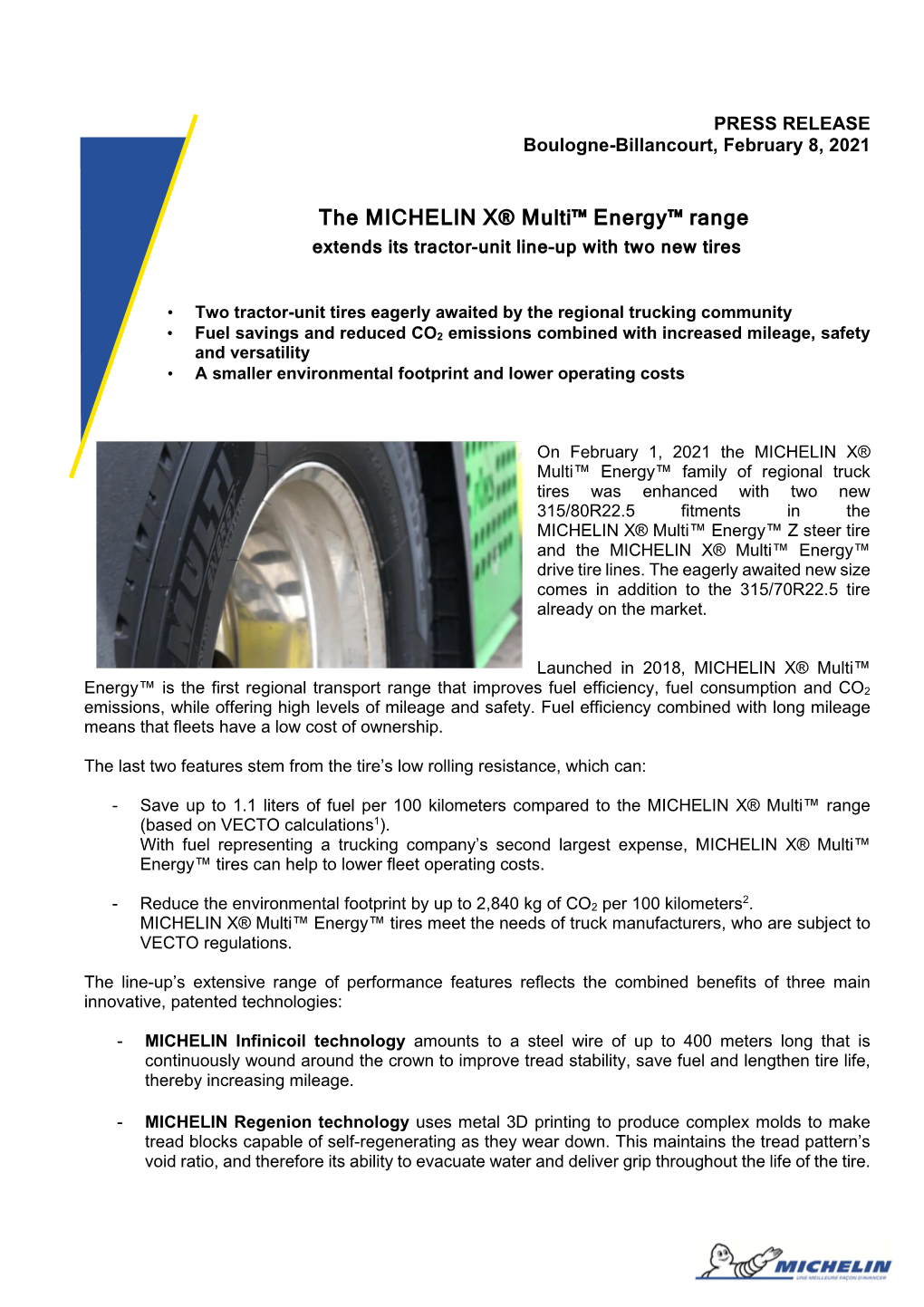 The MICHELIN X® Multi™ Energy™ Range Extends Its Tractor-Unit Line-Up with Two New Tires