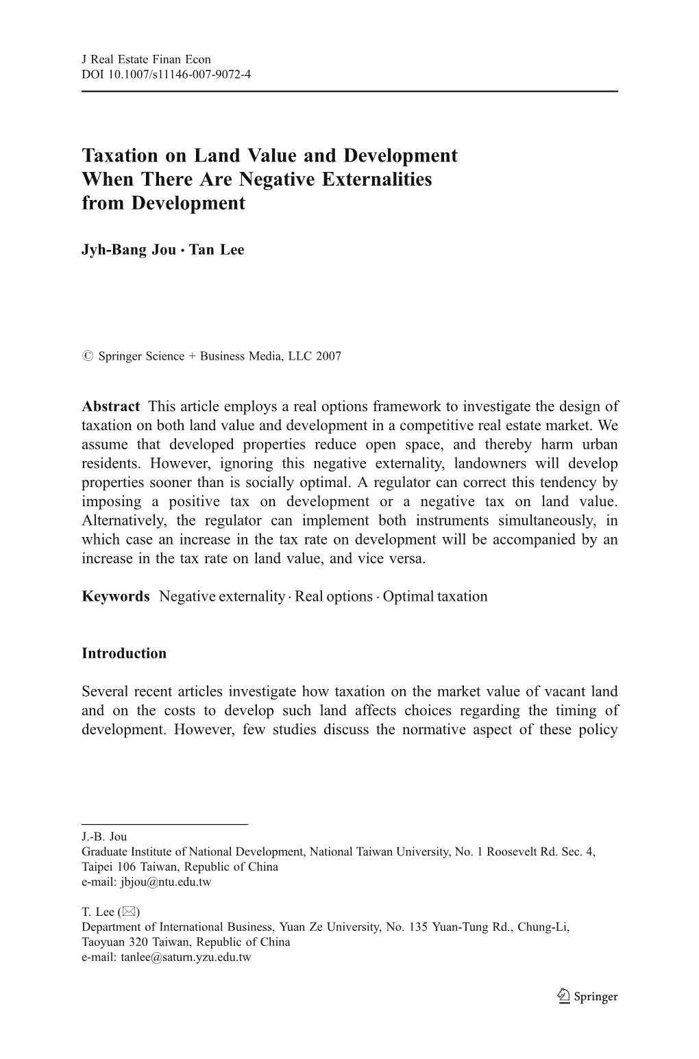 Taxation on Land Value and Development When There Are Negative Externalities from Development