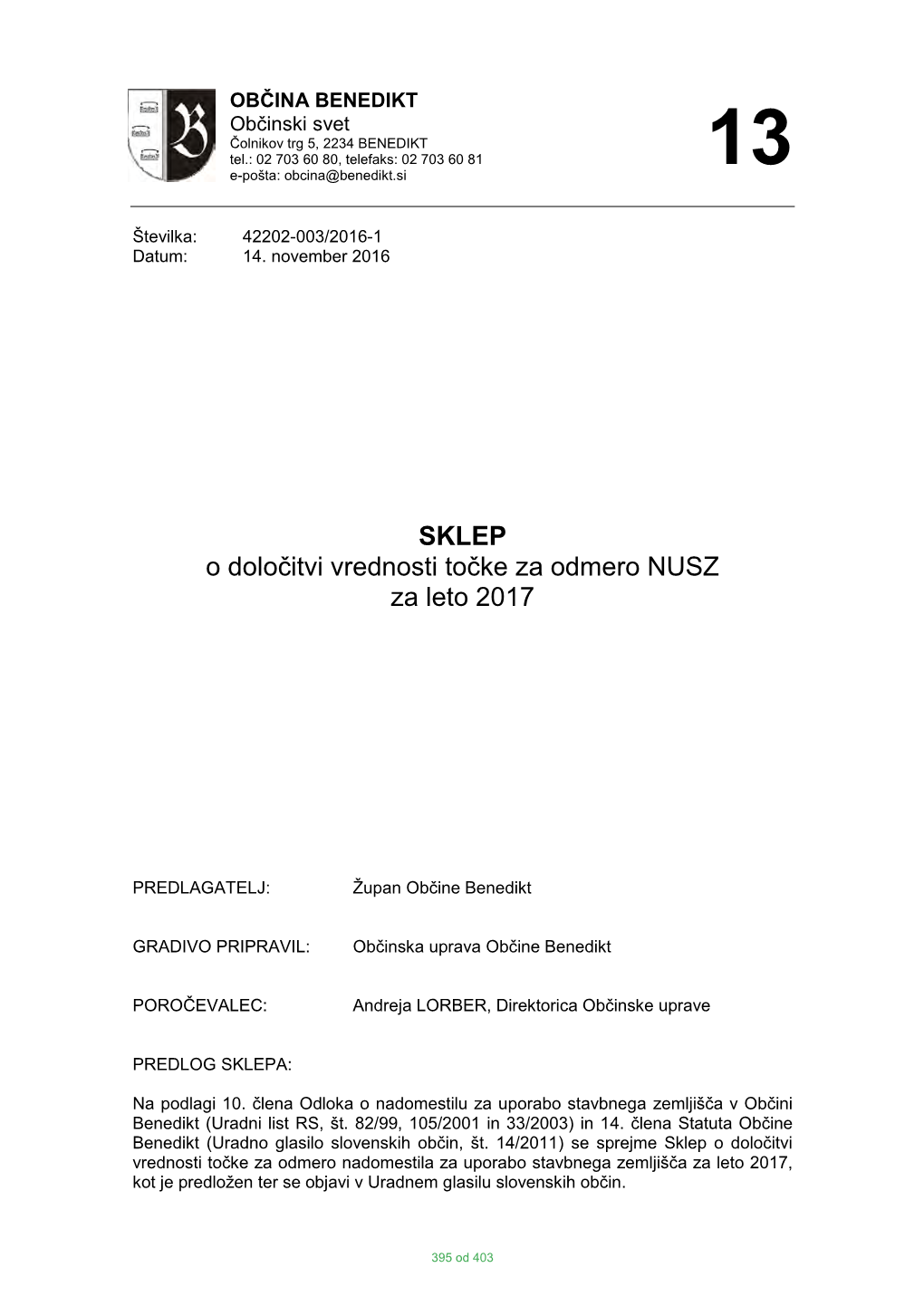 SKLEP O Določitvi Vrednosti Točke Za Odmero NUSZ Za Leto 2017