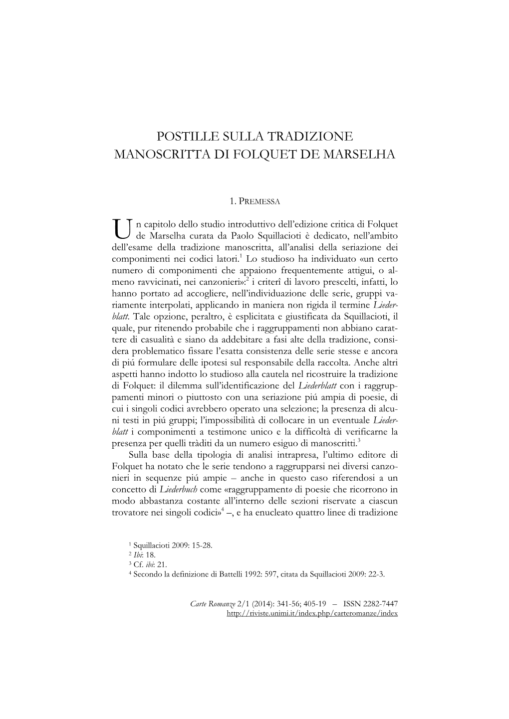 Postille Sulla Tradizione Manoscritta Di Folquet De Marselha