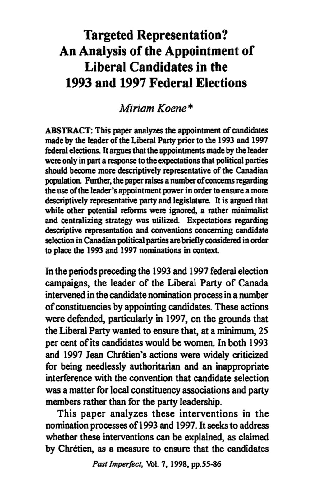 An Analysis of the Appointment of Liberal Candidates in the 1993 and 1997 Federal Elections