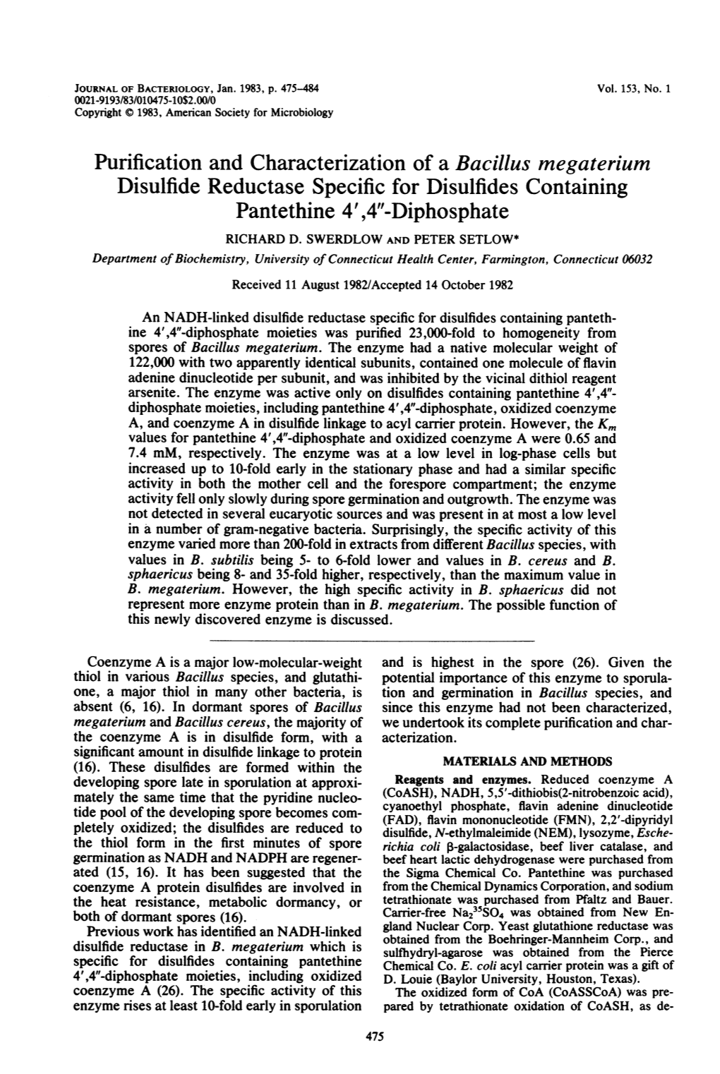 Purification and Characterization of a Bacillus Megaterium Disulfide Reductase Specific for Disulfides Containing Pantethine 4',4