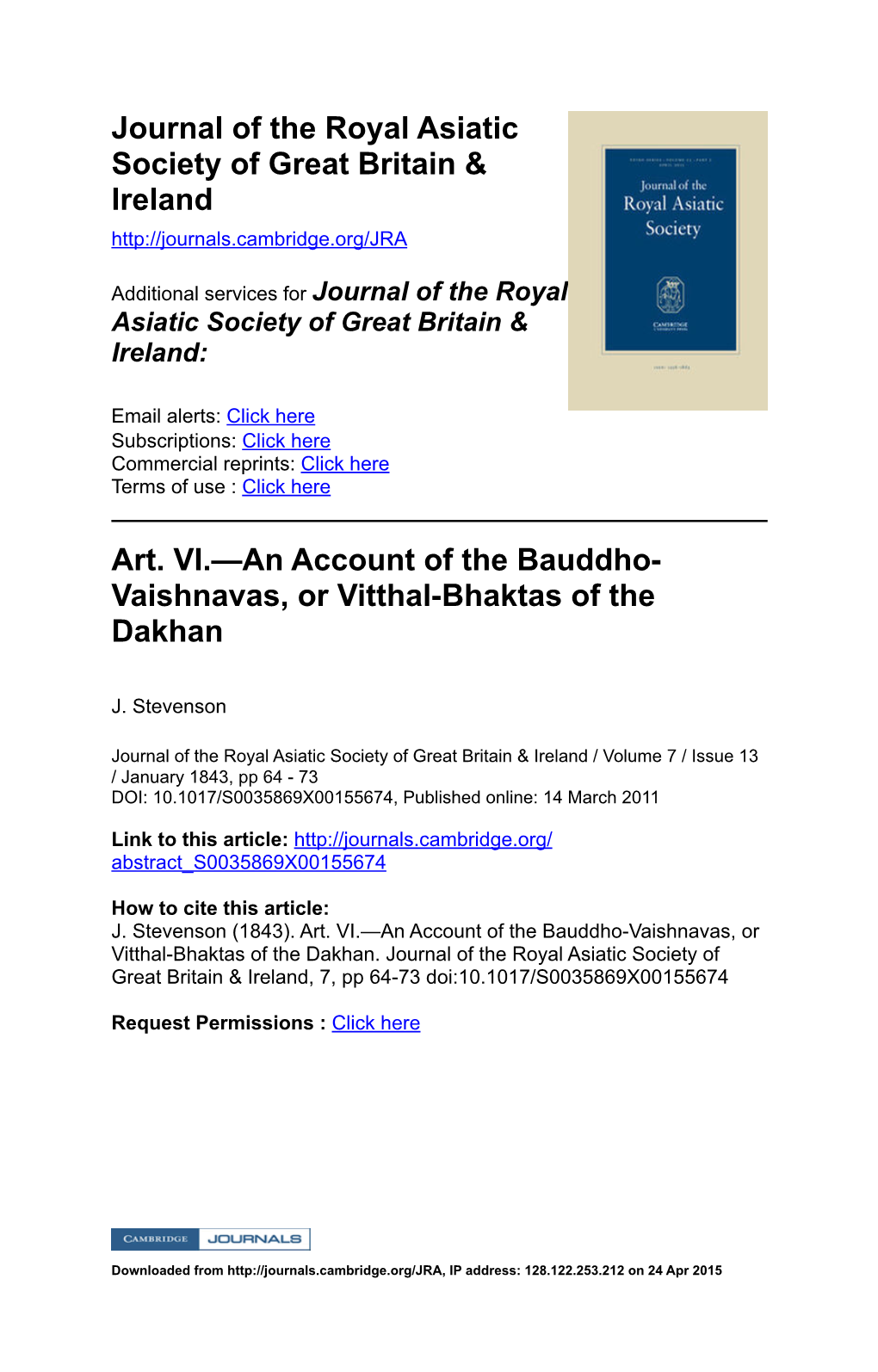 Art. VI.—An Account of the Bauddho-Vaishnavas, Or Vitthal-Bhaktas of the Dakhan