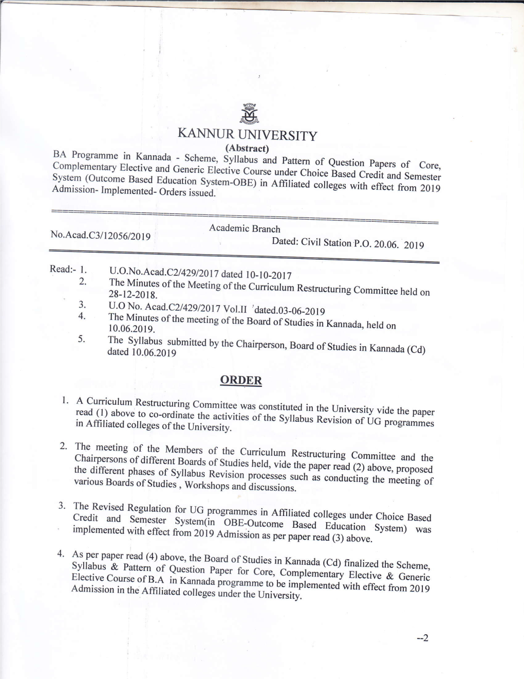 BA Kannada 2019 Admission